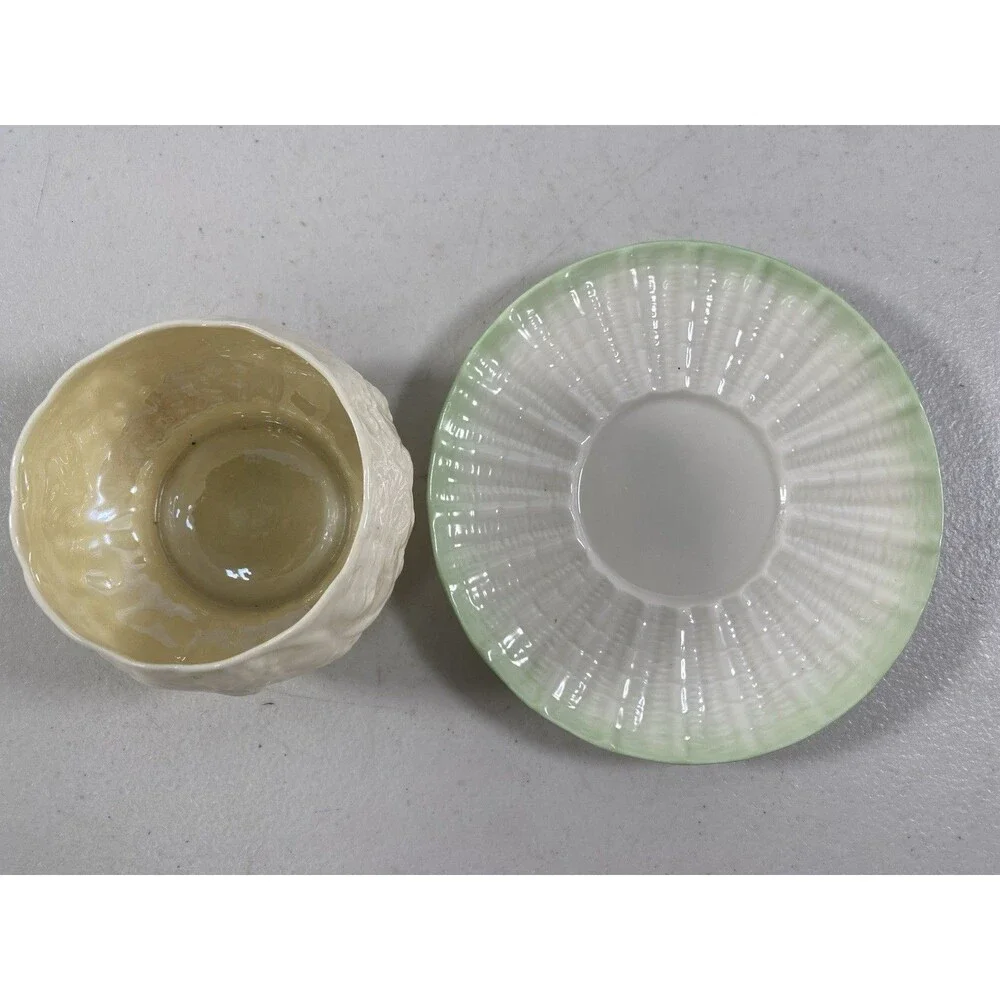 Antique Belleek Black Mark Green Porcelain Cup & Saucer #772
